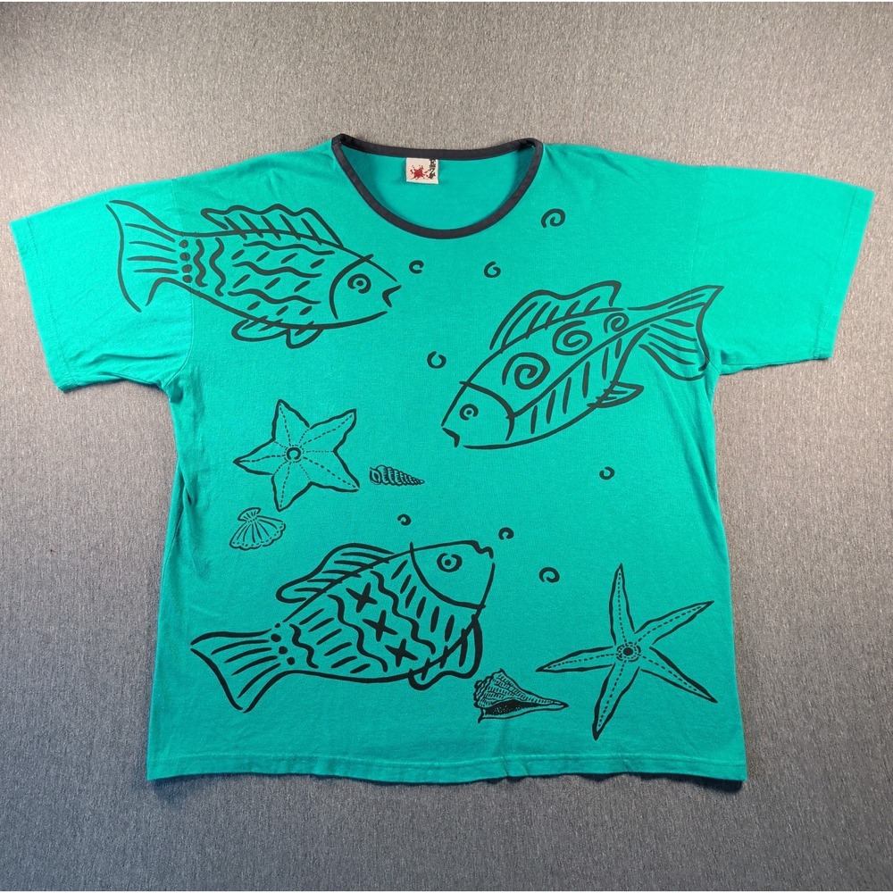 90s EZL by Marcy 'n Me Womens Beach T Shirt Ocean AOP Fish Starfish OSFA Rare